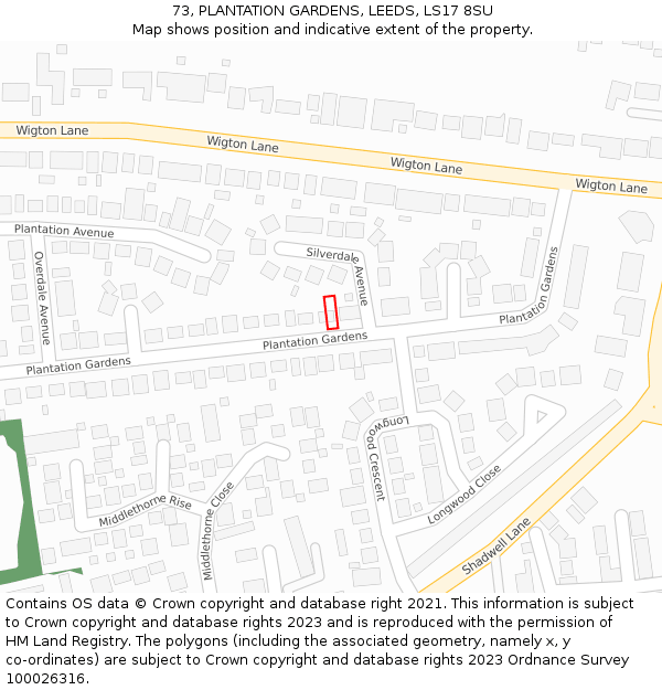 73, PLANTATION GARDENS, LEEDS, LS17 8SU: Location map and indicative extent of plot