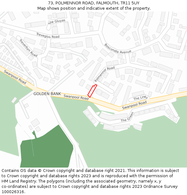 73, POLMENNOR ROAD, FALMOUTH, TR11 5UY: Location map and indicative extent of plot