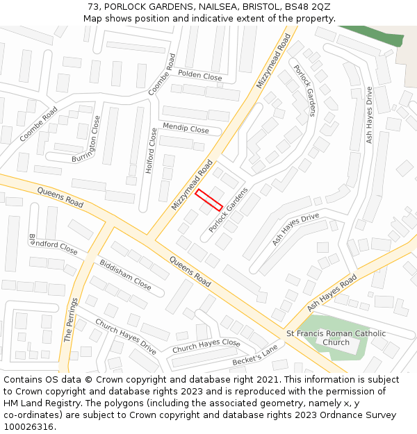 73, PORLOCK GARDENS, NAILSEA, BRISTOL, BS48 2QZ: Location map and indicative extent of plot