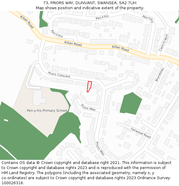 73, PRIORS WAY, DUNVANT, SWANSEA, SA2 7UH: Location map and indicative extent of plot