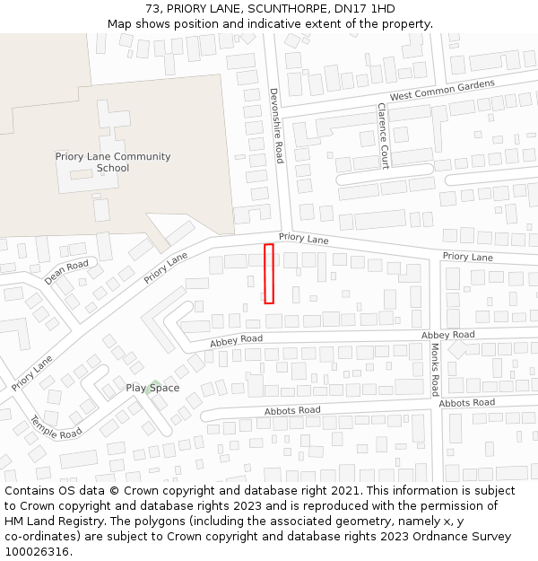 73, PRIORY LANE, SCUNTHORPE, DN17 1HD: Location map and indicative extent of plot