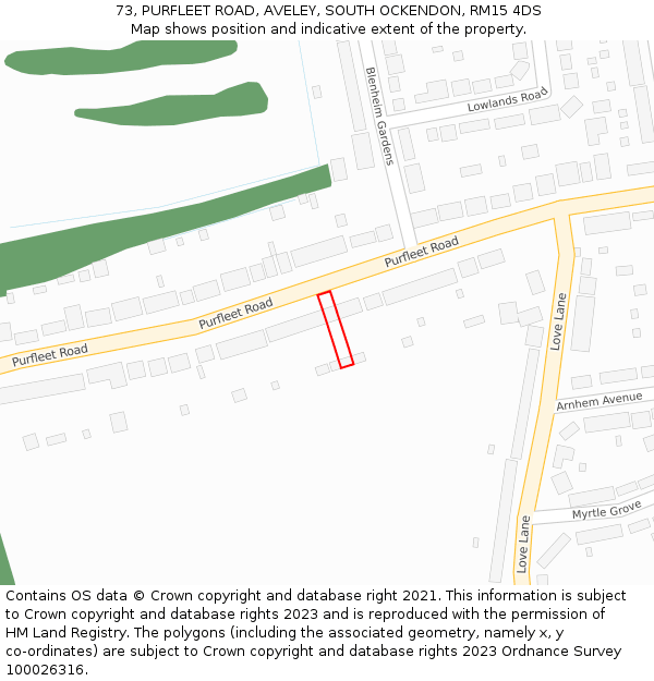 73, PURFLEET ROAD, AVELEY, SOUTH OCKENDON, RM15 4DS: Location map and indicative extent of plot