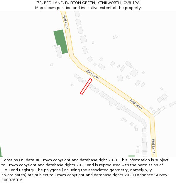 73, RED LANE, BURTON GREEN, KENILWORTH, CV8 1PA: Location map and indicative extent of plot