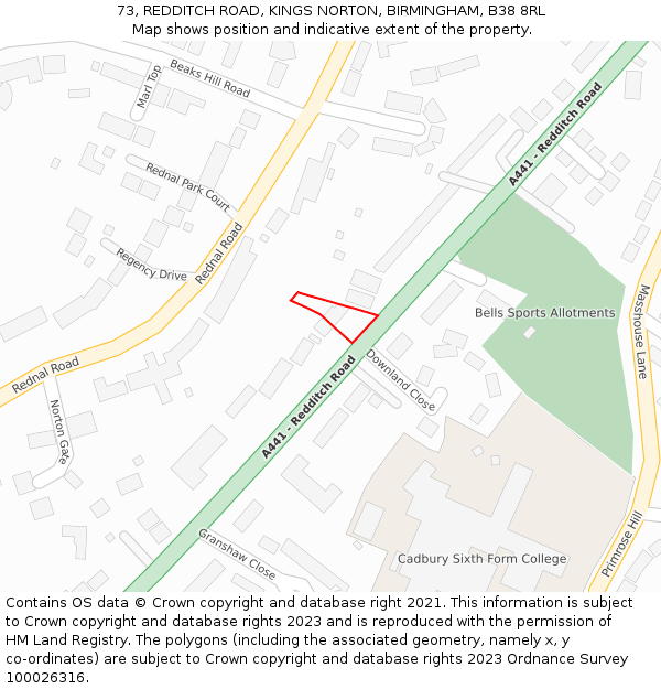 73, REDDITCH ROAD, KINGS NORTON, BIRMINGHAM, B38 8RL: Location map and indicative extent of plot