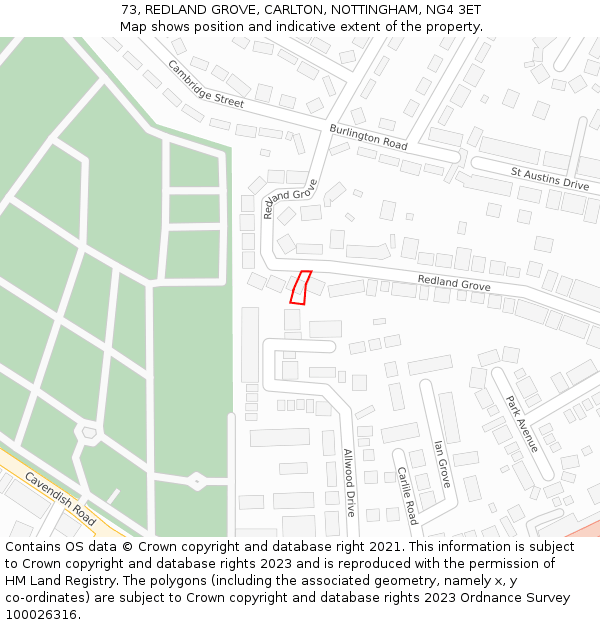 73, REDLAND GROVE, CARLTON, NOTTINGHAM, NG4 3ET: Location map and indicative extent of plot
