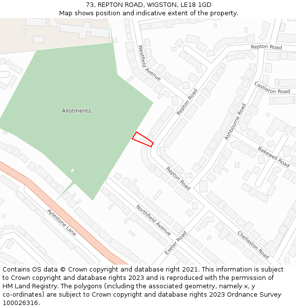 73, REPTON ROAD, WIGSTON, LE18 1GD: Location map and indicative extent of plot