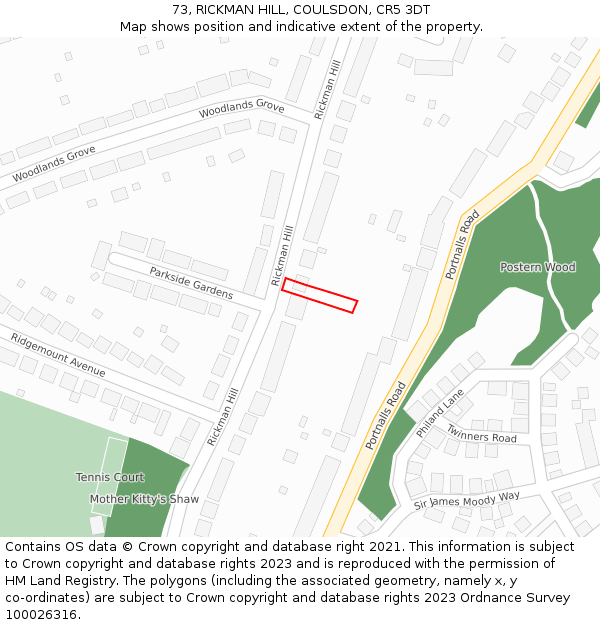 73, RICKMAN HILL, COULSDON, CR5 3DT: Location map and indicative extent of plot