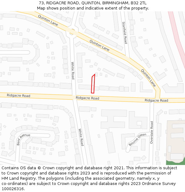 73, RIDGACRE ROAD, QUINTON, BIRMINGHAM, B32 2TL: Location map and indicative extent of plot