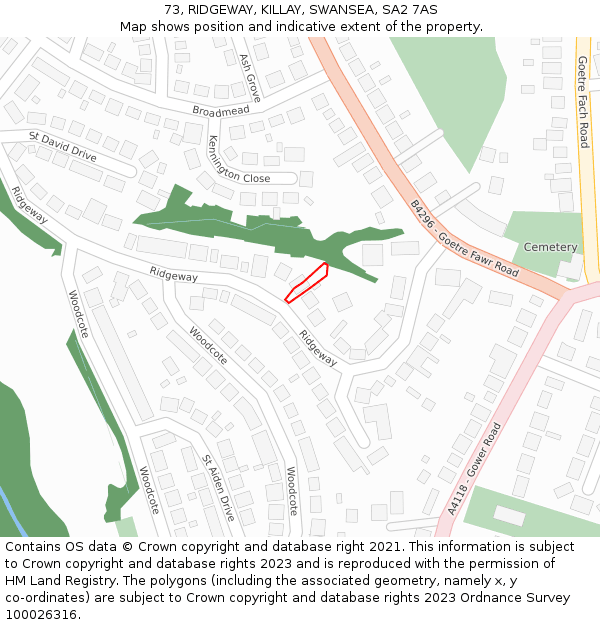 73, RIDGEWAY, KILLAY, SWANSEA, SA2 7AS: Location map and indicative extent of plot