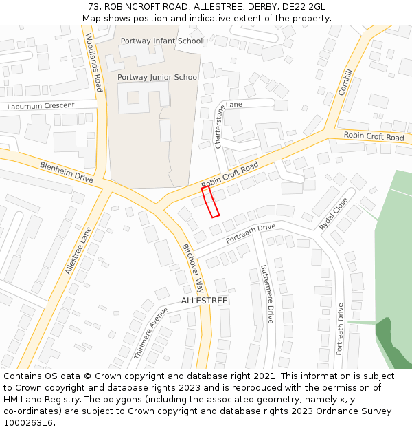 73, ROBINCROFT ROAD, ALLESTREE, DERBY, DE22 2GL: Location map and indicative extent of plot