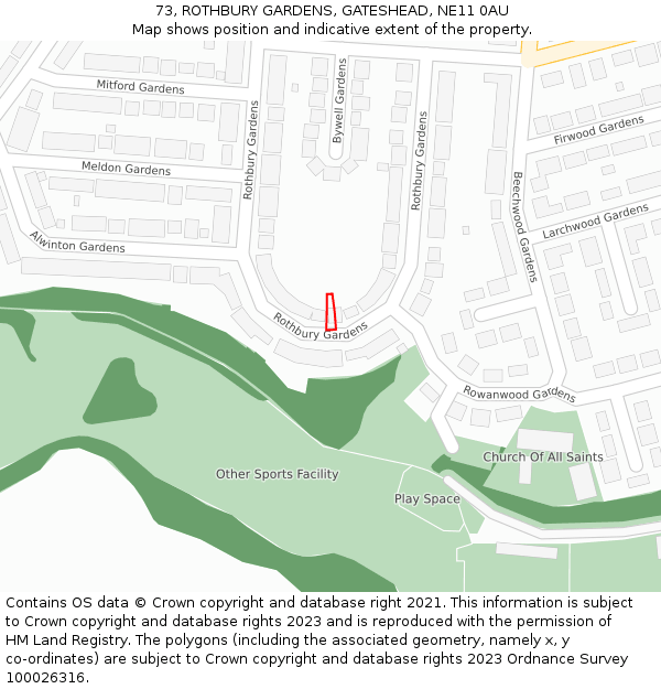 73, ROTHBURY GARDENS, GATESHEAD, NE11 0AU: Location map and indicative extent of plot