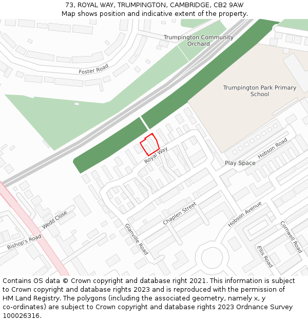 73, ROYAL WAY, TRUMPINGTON, CAMBRIDGE, CB2 9AW: Location map and indicative extent of plot