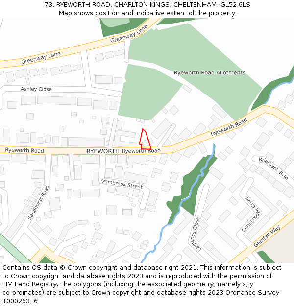 73, RYEWORTH ROAD, CHARLTON KINGS, CHELTENHAM, GL52 6LS: Location map and indicative extent of plot