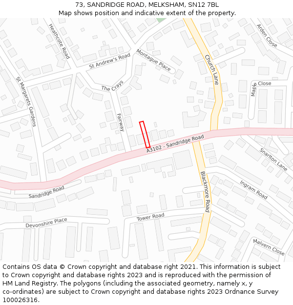 73, SANDRIDGE ROAD, MELKSHAM, SN12 7BL: Location map and indicative extent of plot