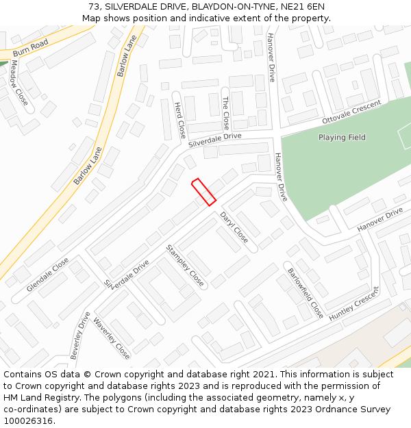 73, SILVERDALE DRIVE, BLAYDON-ON-TYNE, NE21 6EN: Location map and indicative extent of plot