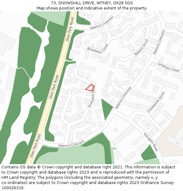 73, SNOWSHILL DRIVE, WITNEY, OX28 5GS: Location map and indicative extent of plot