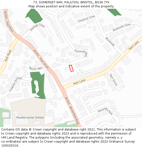 73, SOMERSET WAY, PAULTON, BRISTOL, BS39 7YX: Location map and indicative extent of plot