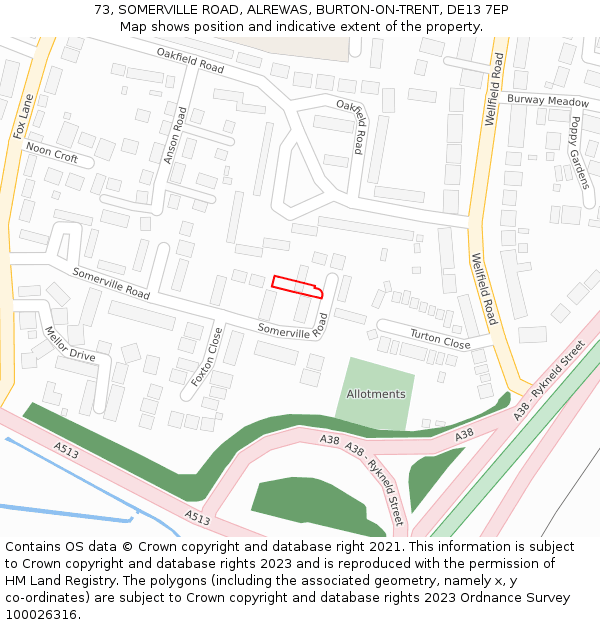 73, SOMERVILLE ROAD, ALREWAS, BURTON-ON-TRENT, DE13 7EP: Location map and indicative extent of plot