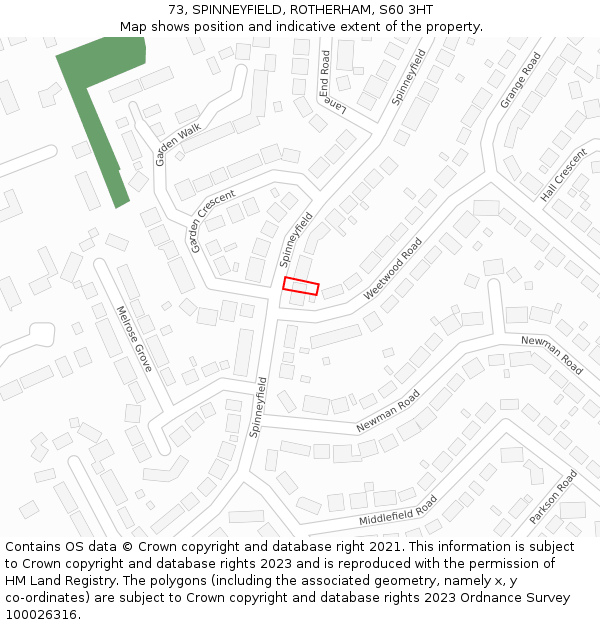 73, SPINNEYFIELD, ROTHERHAM, S60 3HT: Location map and indicative extent of plot