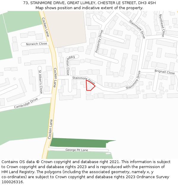 73, STAINMORE DRIVE, GREAT LUMLEY, CHESTER LE STREET, DH3 4SH: Location map and indicative extent of plot