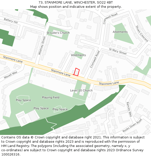 73, STANMORE LANE, WINCHESTER, SO22 4BT: Location map and indicative extent of plot