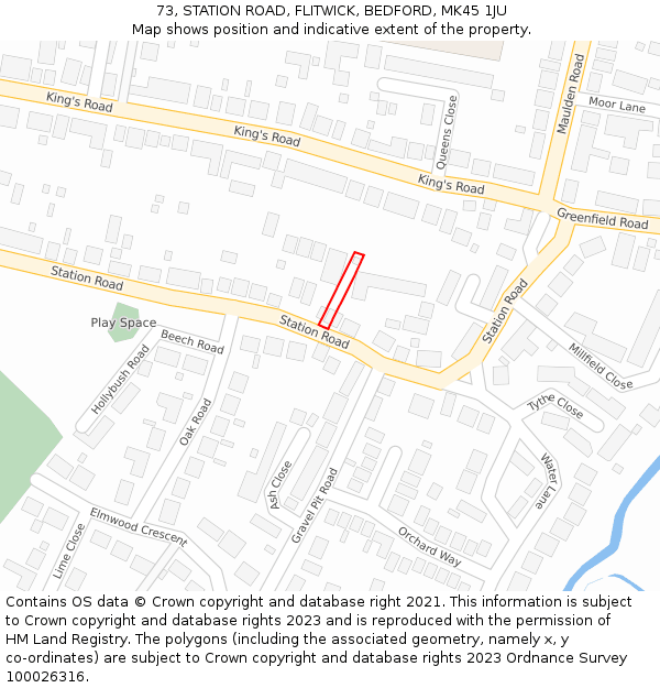 73, STATION ROAD, FLITWICK, BEDFORD, MK45 1JU: Location map and indicative extent of plot