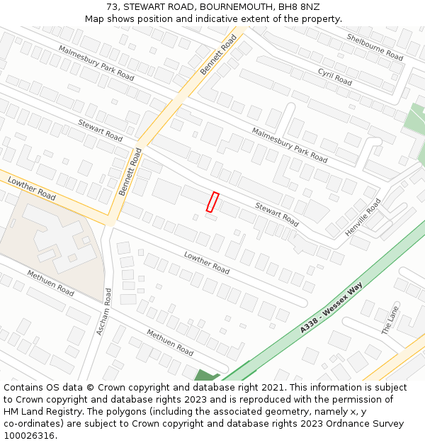 73, STEWART ROAD, BOURNEMOUTH, BH8 8NZ: Location map and indicative extent of plot