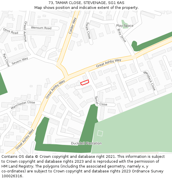 73, TAMAR CLOSE, STEVENAGE, SG1 6AS: Location map and indicative extent of plot