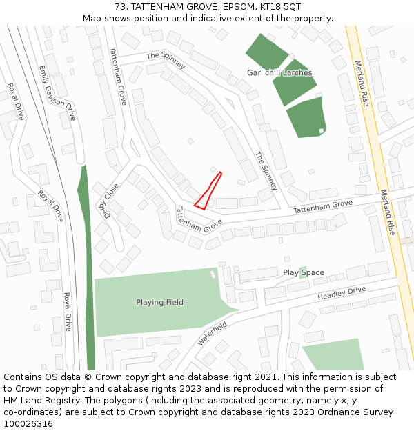 73, TATTENHAM GROVE, EPSOM, KT18 5QT: Location map and indicative extent of plot