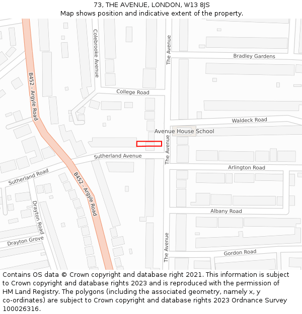 73, THE AVENUE, LONDON, W13 8JS: Location map and indicative extent of plot