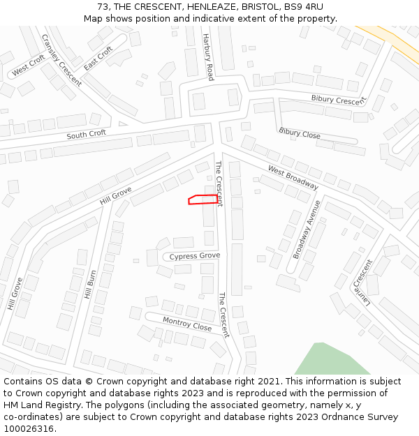 73, THE CRESCENT, HENLEAZE, BRISTOL, BS9 4RU: Location map and indicative extent of plot