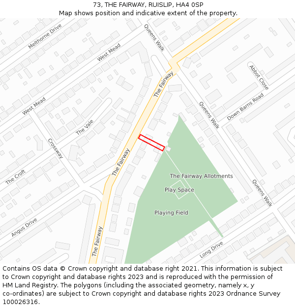 73, THE FAIRWAY, RUISLIP, HA4 0SP: Location map and indicative extent of plot