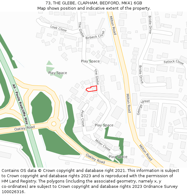 73, THE GLEBE, CLAPHAM, BEDFORD, MK41 6GB: Location map and indicative extent of plot