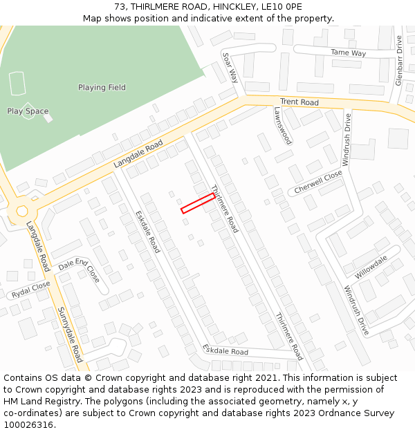 73, THIRLMERE ROAD, HINCKLEY, LE10 0PE: Location map and indicative extent of plot