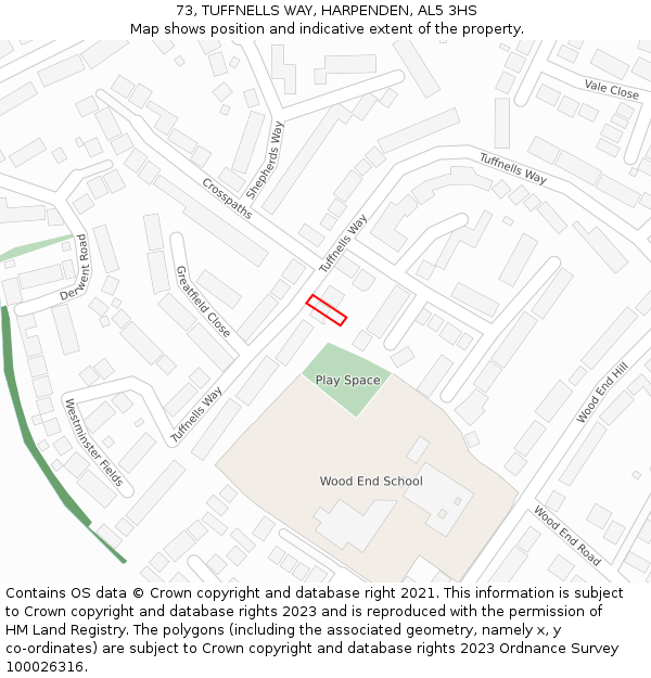 73, TUFFNELLS WAY, HARPENDEN, AL5 3HS: Location map and indicative extent of plot