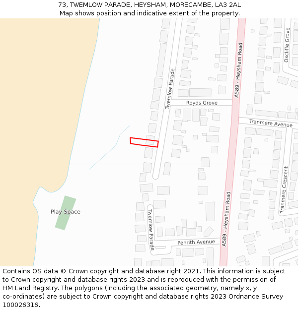 73, TWEMLOW PARADE, HEYSHAM, MORECAMBE, LA3 2AL: Location map and indicative extent of plot