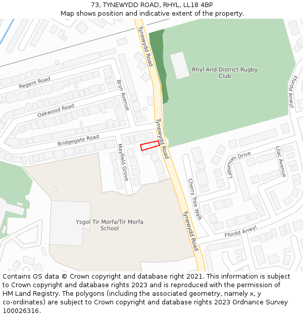 73, TYNEWYDD ROAD, RHYL, LL18 4BP: Location map and indicative extent of plot