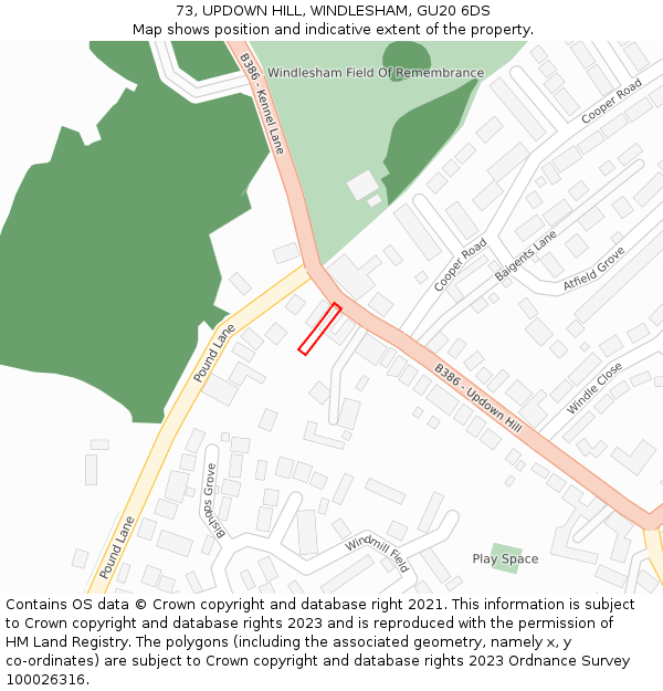 73, UPDOWN HILL, WINDLESHAM, GU20 6DS: Location map and indicative extent of plot