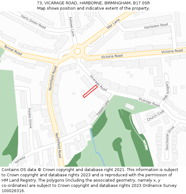 73, VICARAGE ROAD, HARBORNE, BIRMINGHAM, B17 0SR: Location map and indicative extent of plot