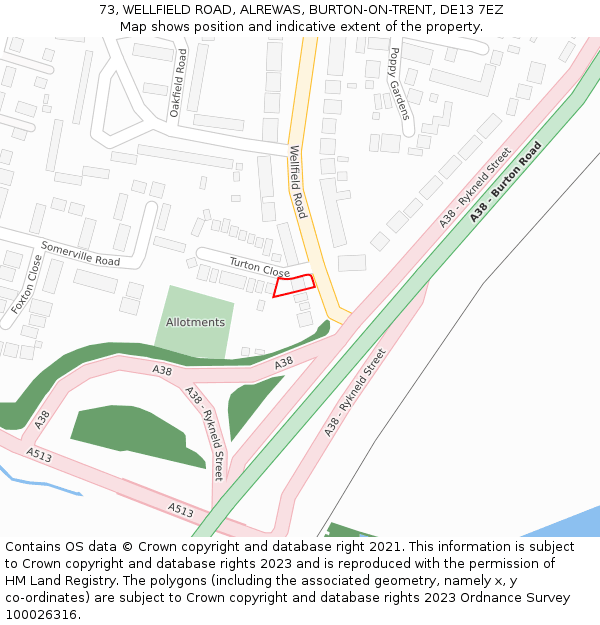 73, WELLFIELD ROAD, ALREWAS, BURTON-ON-TRENT, DE13 7EZ: Location map and indicative extent of plot