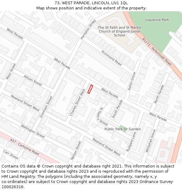 73, WEST PARADE, LINCOLN, LN1 1QL: Location map and indicative extent of plot