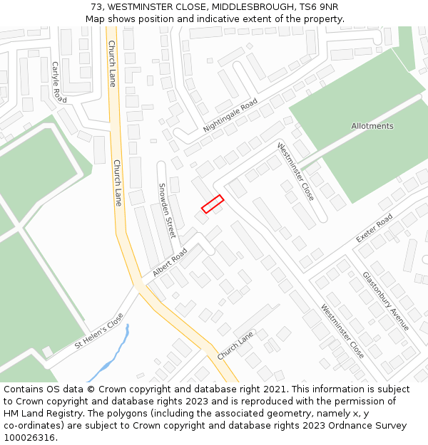 73, WESTMINSTER CLOSE, MIDDLESBROUGH, TS6 9NR: Location map and indicative extent of plot