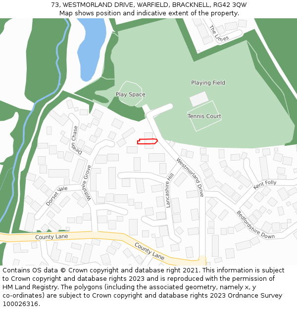 73, WESTMORLAND DRIVE, WARFIELD, BRACKNELL, RG42 3QW: Location map and indicative extent of plot