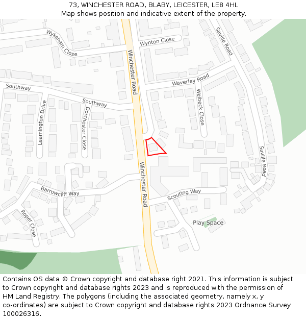 73, WINCHESTER ROAD, BLABY, LEICESTER, LE8 4HL: Location map and indicative extent of plot