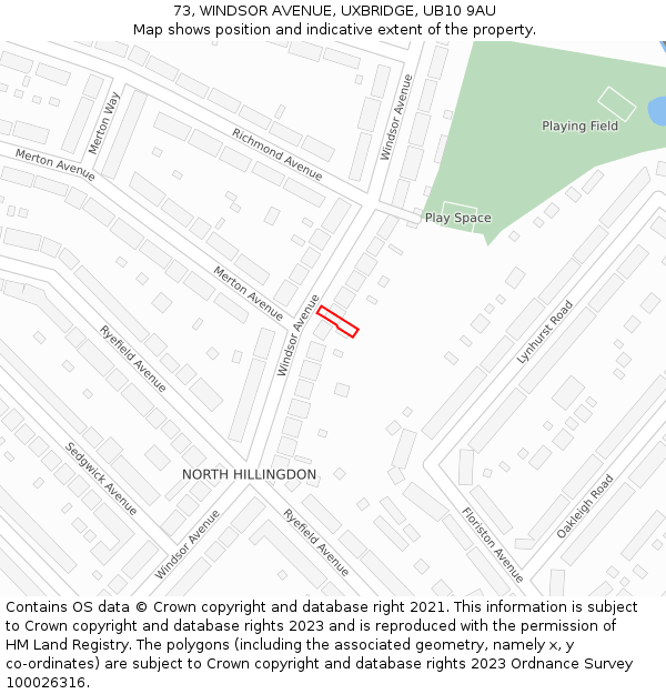 73, WINDSOR AVENUE, UXBRIDGE, UB10 9AU: Location map and indicative extent of plot