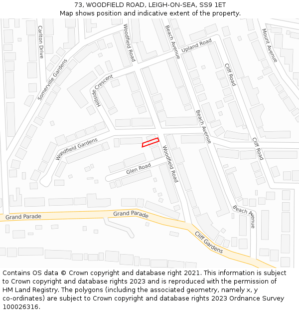 73, WOODFIELD ROAD, LEIGH-ON-SEA, SS9 1ET: Location map and indicative extent of plot