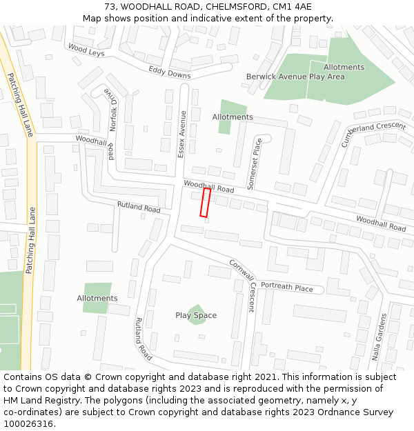 73, WOODHALL ROAD, CHELMSFORD, CM1 4AE: Location map and indicative extent of plot