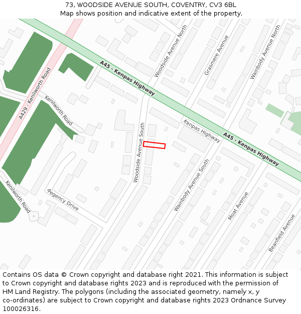 73, WOODSIDE AVENUE SOUTH, COVENTRY, CV3 6BL: Location map and indicative extent of plot