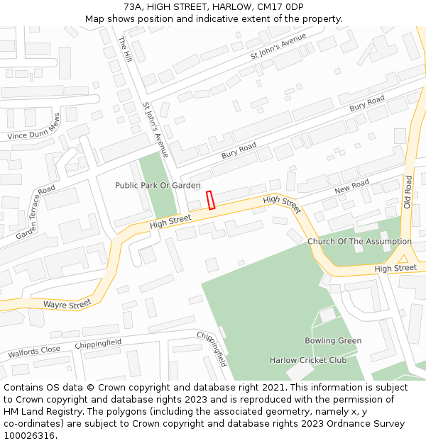 73A, HIGH STREET, HARLOW, CM17 0DP: Location map and indicative extent of plot