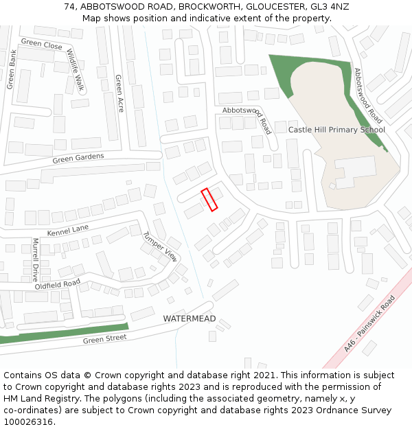 74, ABBOTSWOOD ROAD, BROCKWORTH, GLOUCESTER, GL3 4NZ: Location map and indicative extent of plot